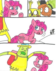 Size: 855x1080 | Tagged: safe, artist:cmara, pinkie pie, comic:pinkie behind you, g4, adventure time, comic, crossover, crossover nexus, female, jake the dog, magic man, male, traditional art, wander (wander over yonder), wander over yonder