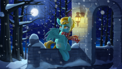 Size: 1920x1080 | Tagged: safe, artist:pusspuss, lightning dust, pegasus, pony, fanfic:lightning's bet, g4, clothes, cover art, fanfic art, featured image, female, full moon, looking back, mare, moon, night, outdoors, scarf, scenery, sitting, snow, snowfall, solo, spread wings, tree, wallpaper, wings