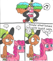 Size: 938x1064 | Tagged: safe, artist:cmara, pinkie pie, comic:banana cupcakes, fanfic:cupcakes, g4, comic, crossover, dr screwball jones, female, implied cupcakes, male, traditional art, wander (wander over yonder), wander over yonder