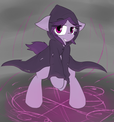 Size: 1716x1843 | Tagged: safe, artist:candel, oc, oc only, oc:mortia, pony, bedroom eyes, cloak, clothes, grim reaper, looking at you, magic, smiling, solo, strategically covered