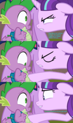 Size: 1544x2600 | Tagged: safe, edit, edited screencap, hundreds of users filter this tag, screencap, spike, starlight glimmer, twilight sparkle, alicorn, pony, unicorn, g4, the cutie re-mark, aroused, awkward, backpack, bedroom eyes, comic, female, flirting, intimidating, love, male, mare, nervous, personal space invasion, screencap comic, ship:sparlight, shipping, smiling, straight, threatening, twilight sparkle (alicorn), when she smiles