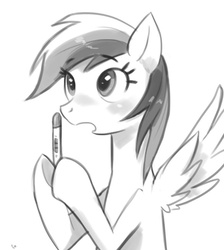 Size: 586x655 | Tagged: safe, artist:ehfa, rainbow dash, g4, blushing, female, monochrome, pregnancy test, solo