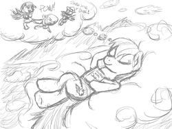 Size: 1440x1080 | Tagged: artist needed, safe, daring do, rainbow dash, g4, cloud, dream, monochrome