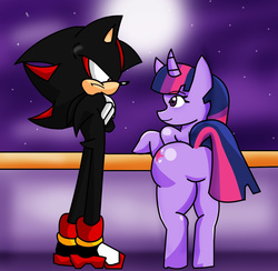 Size: 1320x1288 | Tagged: safe, artist:soul-yagami64, twilight sparkle, pony, unicorn, anthro, g4, butt, crossover, looking at each other, male, plot, shadow the hedgehog, sonic the hedgehog, sonic the hedgehog (series), twibutt, unicorn twilight