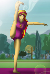 Size: 3075x4588 | Tagged: safe, artist:tyron91, sunset shimmer, equestria girls, g4, barefoot, breasts, busty sunset shimmer, feet, female, fitness, flexible, lens flare, leotard, solo, standing splits, stretching