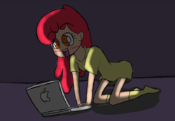 Size: 1174x811 | Tagged: safe, artist:lesbocarwash, apple bloom, human, g4, apple (company), clothes, computer, female, humanized, laptop computer, open mouth, socks, solo, sweat, wingding eyes