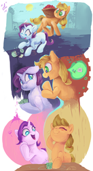 Size: 1024x1862 | Tagged: safe, artist:aquaticsun, applejack, rarity, g4, blushing, crying, female, filly, heart, lesbian, sad, ship:rarijack, shipping, speech bubble, younger