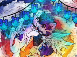 Size: 2594x1927 | Tagged: safe, artist:php166, oc, oc only, oc:frozen soul, oc:sweater weather, pegasus, pony, clothes, cloud, facial hair, flying, gay, glasses, lantern, light, love, male, oc x oc, romance, shipping, sunset, sweater, wings