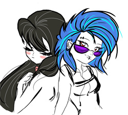 Size: 1029x927 | Tagged: safe, artist:pixel-chick, dj pon-3, octavia melody, vinyl scratch, human, g4, blushing, female, humanized, lesbian, red eyes, ship:scratchtavia, shipping, simple background, sunglasses, white background, wrong eye color