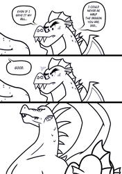 Size: 600x854 | Tagged: safe, artist:queencold, garble, oc, oc:maximus, dragon, g4, black and white, comic, dialogue, dragon oc, father, father and son, grayscale, monochrome, parent, simple background, teenaged dragon, white background