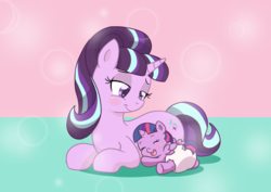 Size: 1248x883 | Tagged: safe, artist:artiecanvas, starlight glimmer, twilight sparkle, alicorn, pony, g4, :t, age regression, artiecanvas is trying to murder us, baby, baby pony, babylight sparkle, cute, diaper, duo, eyes closed, female, foal, glimmerdoption, hug, lidded eyes, mama starlight, mare, momlight glimmer, open mouth, poofy diaper, prone, s5 starlight, sleeping, smiling, this will end in timeline distortion, twiabetes, twilight sparkle (alicorn)
