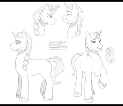 Size: 4755x4125 | Tagged: safe, artist:8bitamy, pony, unicorn, absurd resolution, expressions, lineart, male, monochrome, reference sheet, stallion