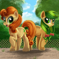 Size: 900x900 | Tagged: safe, artist:ailatf, apple fritter, carrot top, golden harvest, earth pony, pony, g4, apple family member, cottagecore, duo, duo female, female, looking at you, mare, open mouth, open smile, smiling, smiling at you