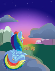 Size: 800x1035 | Tagged: safe, artist:undefined-shadow, rainbow dash, g4, female, ponyville, solo, sunset