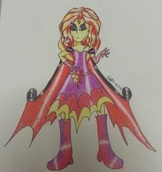 Size: 2174x2300 | Tagged: safe, artist:lizzyisme, sunset shimmer, equestria girls, g4, cape, clothes, dress, high res, solo, supergirl, superhero, traditional art