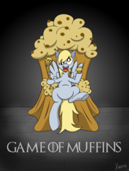 Size: 900x1200 | Tagged: safe, artist:the1xeno1, derpy hooves, pegasus, pony, g4, female, food, game of thrones, mare, muffin, parody, scepter, solo, that pony sure does love muffins