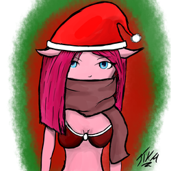 Size: 2000x2000 | Tagged: safe, artist:jtkm, pinkie pie, human, g4, bra, breasts, christmas, clothes, female, hat, high res, humanized, pinkamena diane pie, red underwear, santa hat, scarf, underwear