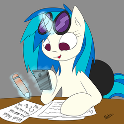 Size: 1024x1024 | Tagged: safe, artist:artponie, dj pon-3, vinyl scratch, pony, unicorn, g4, cellphone, chair, female, glowing horn, horn, iphone, lyrics, magic, mare, no catchlights, no pupils, paper, pencil, phone, smartphone, solo, telekinesis, text, working, wub