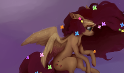 Size: 1513x895 | Tagged: safe, artist:colorlesscupcake, fluttershy, butterfly, pegasus, pony, g4, female, flowing mane, halo, looking away, looking down, mare, sky, solo, spread wings, starry night, windswept mane