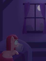 Size: 3034x4000 | Tagged: dead source, safe, artist:mahaugher, pinkie pie, g4, curtains, female, filly, lineless, looking up, moon, night, pillow, scared, solo, window, younger