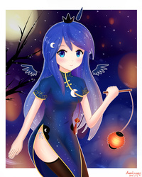 Size: 1024x1280 | Tagged: safe, artist:vanillafox2035, princess luna, human, g4, cheongsam, chinese new year, clothes, dress, female, horn, horned humanization, humanized, looking at you, lunar new year, panties, side knot underwear, side slit, socks, solo, thigh highs, underwear, white underwear, winged humanization