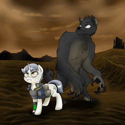 Size: 1024x1024 | Tagged: safe, artist:slouping, oc, oc only, oc:dog, oc:leaky faucet, hellhound, fallout equestria, fallout equestria: the things we've handed down, bulletproof vest, desert, fluffy, pregnant