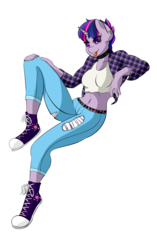 Size: 1540x2447 | Tagged: safe, artist:salamishowdown, twilight sparkle, anthro, g4, alternate hairstyle, belly button, breasts, clothes, collar, converse, earring, female, implied twidash, midriff, pants, piercing, plaid shirt, punklight sparkle, shoes, simple background, sneakers, solo, sports bra, torn clothes, transparent background