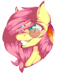 Size: 988x1172 | Tagged: safe, artist:prettylittlepone, fluttershy, g4, bust, colored pupils, earring, female, glasses, gritted teeth, hippie, hippieshy, lineless, looking at something, looking away, piercing, portrait, simple background, smiling, solo, transparent background