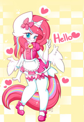 Size: 1024x1486 | Tagged: safe, artist:teranen, oc, oc only, oc:nekonin, alicorn, anthro, alicorn oc, bell, clothes, colored pupils, crossdressing, dress, femboy, high heels, maid, male, shoes, socks, solo, thigh highs, trap