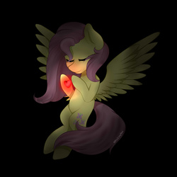 Size: 3000x3000 | Tagged: safe, artist:itsizzybel, fluttershy, pegasus, pony, g4, black background, dark, eyes closed, female, glowing, heart, high res, holding, simple background, solo, spread wings, stray strand, wings