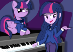 Size: 2400x1700 | Tagged: safe, artist:geraritydevillefort, twilight sparkle, alicorn, human, the count of monte rainbow, equestria girls, g4, female, human ponidox, lidded eyes, mare, mondego, monsparkle, musical instrument, piano, self ponidox, smiling, smirk, square crossover, the count of monte cristo, twilight sparkle (alicorn)
