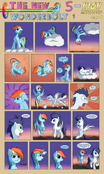 Size: 1600x2658 | Tagged: safe, artist:marmorexx, rainbow dash, soarin', pony, comic:the new wonderbolt, g4, cloud, cloud busting, comic, female, male, ship:soarindash, shipping, sleeping, straight, sunrise, tired