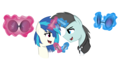 Size: 1248x640 | Tagged: safe, artist:sapphireartemis, dj pon-3, neon lights, rising star, vinyl scratch, pony, unicorn, g4, eye contact, female, glowing horn, horn, levitation, looking at each other, magic, male, mare, microphone, open mouth, ship:vinylights, shipping, simple background, stallion, straight, sunglasses, telekinesis, transparent background, vector