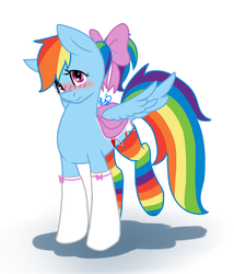 Size: 722x842 | Tagged: safe, artist:mirriora, rainbow dash, g4, blushing, bow, clothes, embarrassed, female, frilly, hair bow, rainbow dash always dresses in style, rainbow socks, socks, solo, striped socks, tomboy taming, tsunderainbow, white socks