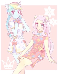 Size: 676x873 | Tagged: safe, artist:nemucure, fluttershy, rainbow dash, equestria girls, g4, cheongsam, clothes, dress, pony ears