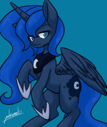 Size: 869x1024 | Tagged: dead source, safe, artist:yukimaki, princess luna, alicorn, pony, g4, blue background, female, mare, signature, simple background, solo