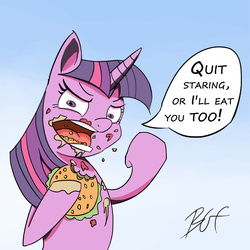 Size: 1000x1000 | Tagged: safe, artist:bgf, artist:bof, twilight sparkle, pony, unicorn, g4, angry, annoyed, burger, death threat, female, filthy, food, hay burger, implied vore, looking at you, messy eating, omnivore twilight, ponies eating meat, simple background, solo, speech bubble, threat, twilight burgkle, twipred