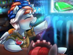 Size: 2000x1500 | Tagged: safe, artist:vavacung, oc, oc only, pony, alcohol, bar, blushing, drunk, food, solo