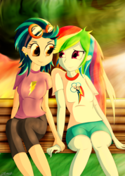 Size: 2118x2973 | Tagged: safe, artist:jabbie64, indigo zap, rainbow dash, equestria girls, g4, bench, clothes, duo, eye contact, fanfic art, female, high res, holding hands, indigodash, lesbian, shipping, shorts, sitting, smiling, story included