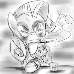 Size: 2000x2000 | Tagged: safe, artist:celine-artnsfw, rarity, g4, cigarette, cigarette holder, clothes, female, glass, glasses, grayscale, high res, monochrome, smoking, solo