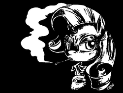 Size: 763x573 | Tagged: safe, artist:lordcj, rarity, g4, black and white, cigarette, female, grayscale, simple background, smoking, solo