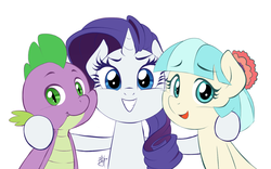 Size: 1200x747 | Tagged: safe, artist:pia-sama, coco pommel, rarity, spike, dragon, earth pony, pony, unicorn, g4, female, looking at you, male, mare, smiling