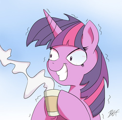 Size: 1026x1008 | Tagged: safe, artist:bgf, twilight sparkle, pony, unicorn, g4, coffee, coffee cup, cup, excited, female, food, gradient background, shaking, smiling, solo, steam
