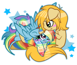 Size: 2500x2116 | Tagged: safe, artist:starlightlore, rainbow dash, oc, g4, canon x oc, clothes, cuddling, high res, rainbow socks, shipping, simple background, snuggling, socks, stars, striped socks, transparent background