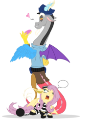 Size: 716x960 | Tagged: safe, artist:zlayd-oodles, discord, fluttershy, bat pony, draconequus, pony, g4, arrested, ball and chain, clothes, discobat, discop, female, flutterbat, male, officer discord, police, prison outfit, ship:discoshy, shipping, simple background, straight, transparent background