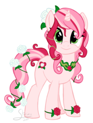 Size: 1165x1541 | Tagged: safe, artist:starimo, oc, oc only, oc:rosie blossoms, pony, unicorn, female, flower, mare, signature, simple background, solo, transparent background