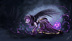 Size: 1944x1111 | Tagged: safe, artist:zigword, pony, clothes, dress, league of legends, morgana, ponified, solo, spread wings, wings