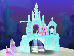 Size: 2447x1844 | Tagged: safe, princess cadance, princess flurry heart, shining armor, alicorn, pony, unicorn, g4, official, season 6, baby, baby pony, brushable, castle, crystal palace, electronic toy, irl, photo, throne, toy