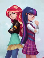 Size: 1191x1591 | Tagged: safe, artist:ajvl, sci-twi, sunset shimmer, twilight sparkle, human, equestria girls, g4, my little pony equestria girls: friendship games, back to back, duo, human coloration, humanized, loose hair, missing accessory