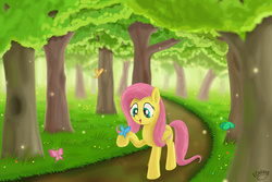 Size: 1024x683 | Tagged: safe, artist:emeraldgalaxy, fluttershy, butterfly, pegasus, pony, g4, female, folded wings, forest, raised hoof, solo, standing, tree